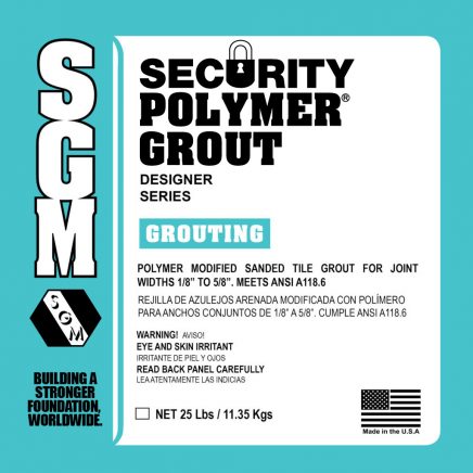 Security Polymer Grout Bag label with descriptive text - teal and black