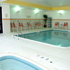 Photo of indoor pool and spa at a motel. Pools are finished in Diamond Brite Commercial White.