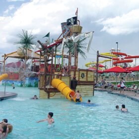 Children's play area at a pirate themed water park.