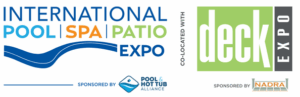 International Pool, Spa, Patio Expo logo in Blue, cyan, orange and lime green, with a river swatch going to the word EXPO. Underneath that there is a line and in small letter reading sponsored by with Pool and Hot Tub Alliance logo next to it. between that logo and the deck expo logo are the words co-located with running vertically. Below the Deck Expo logo that is lime green and gray are the words sponsored by and the logo for NADRA.